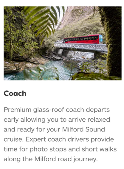 Milford Sound Coach-Cruise-Coach ex Queenstown